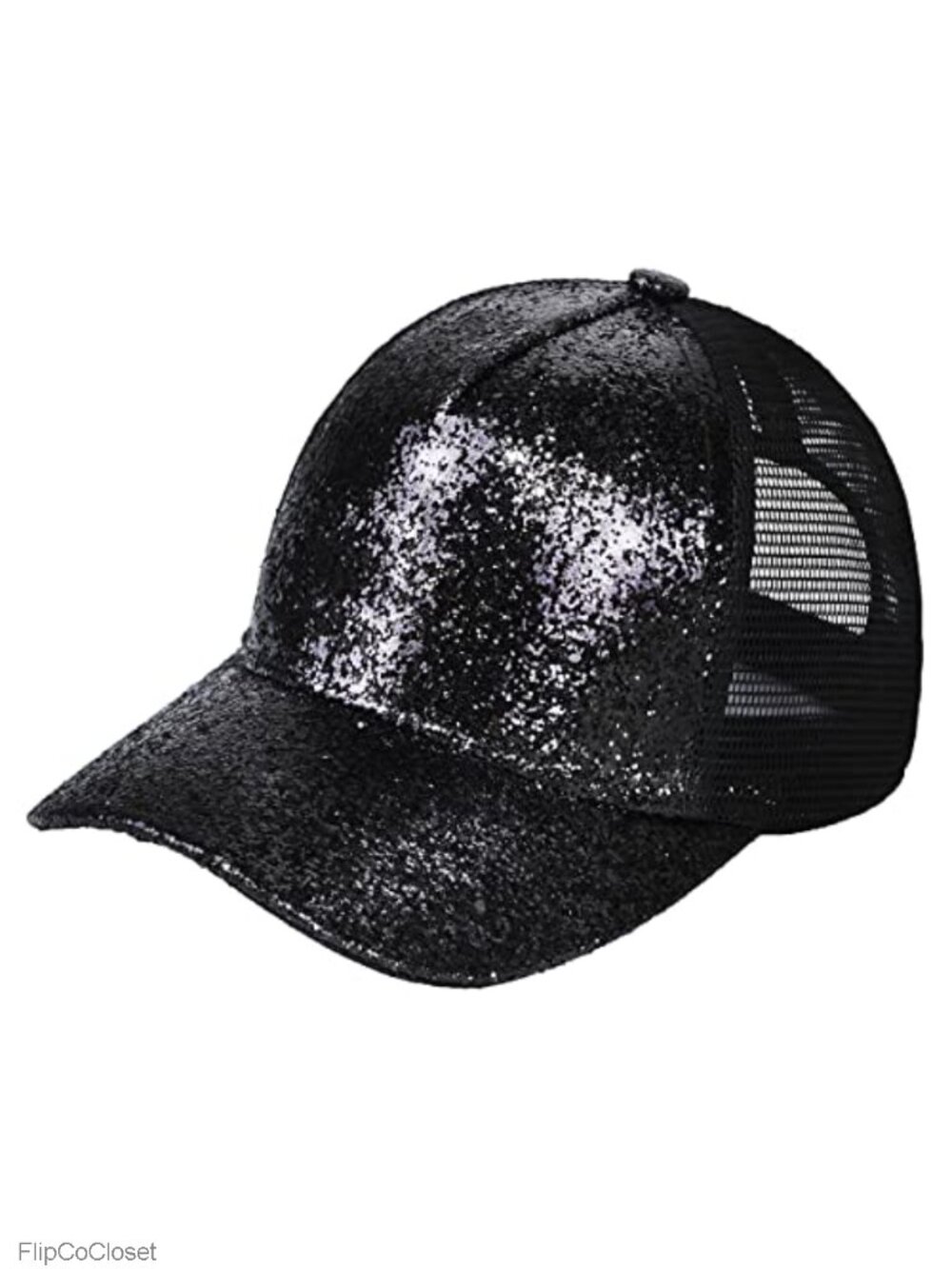 Glitter Sequin Rhinestone Baseball Cap with Mesh Ponytail Hat Adjustable Velcro